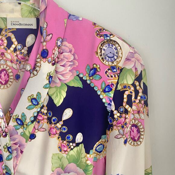 Vintage Dana Buchman Women’s 6 Silk Blouse Floral Jewelry Watches Victorian 90s - Picture 8 of 10